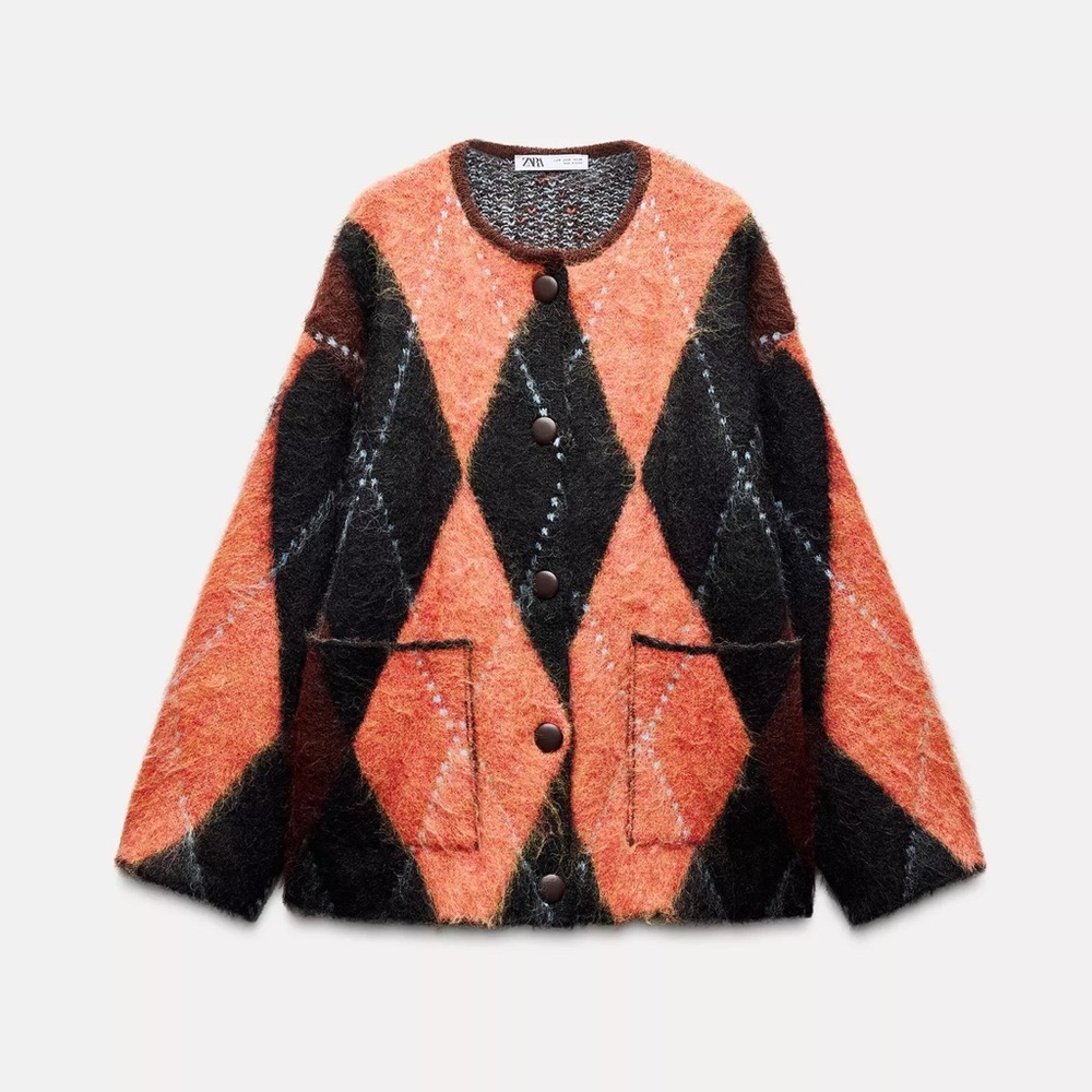 Zara Women's Orange and Black Diamond Pattern Jacket. NWOT - Picture 2 of 2
